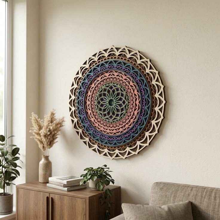 Colourful layered wood mandala on a living-room wall