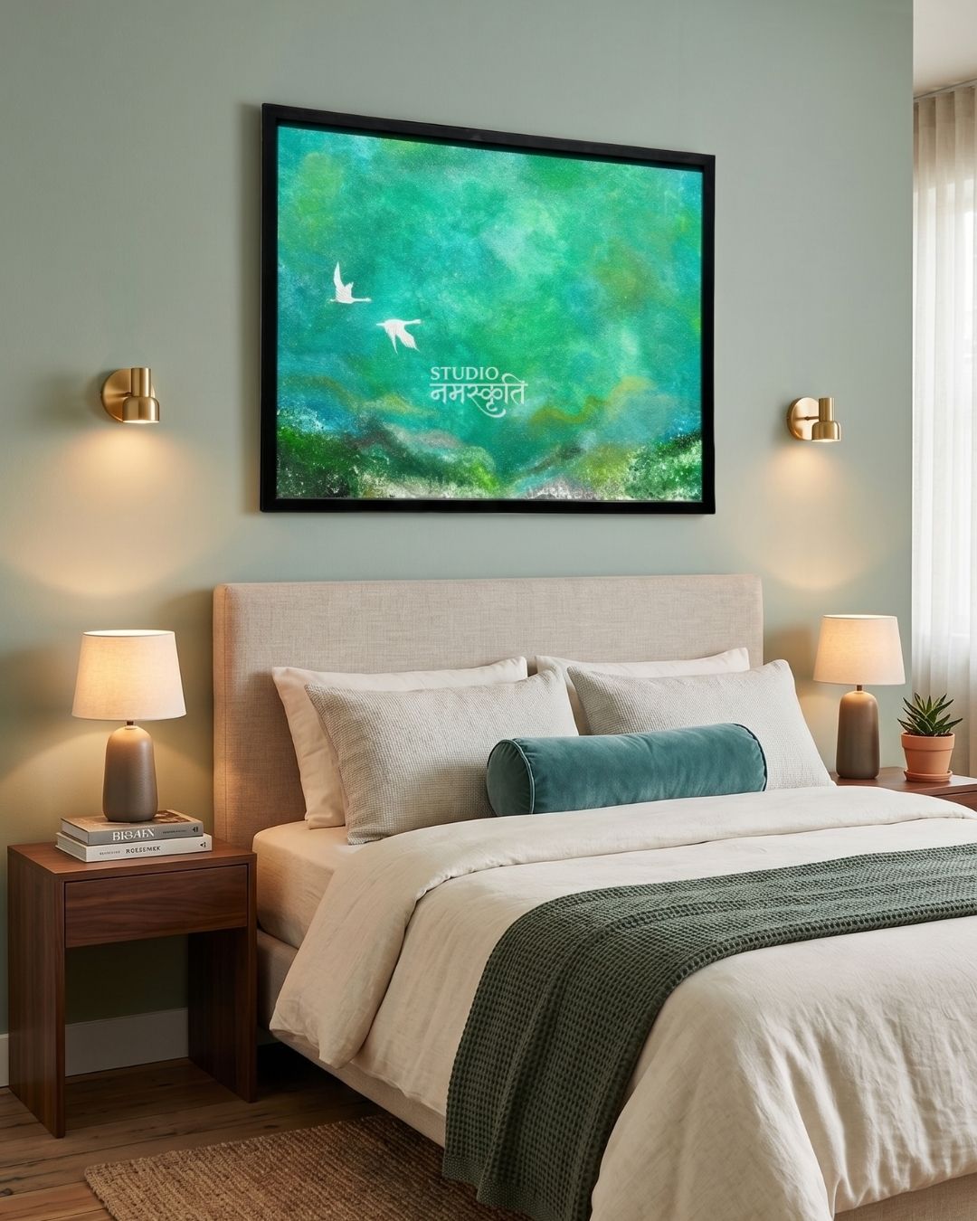 Birds in Flight Emerald Abstract Painting