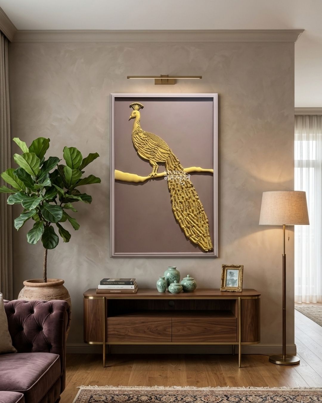 Golden Peacock 3D Relief Mural