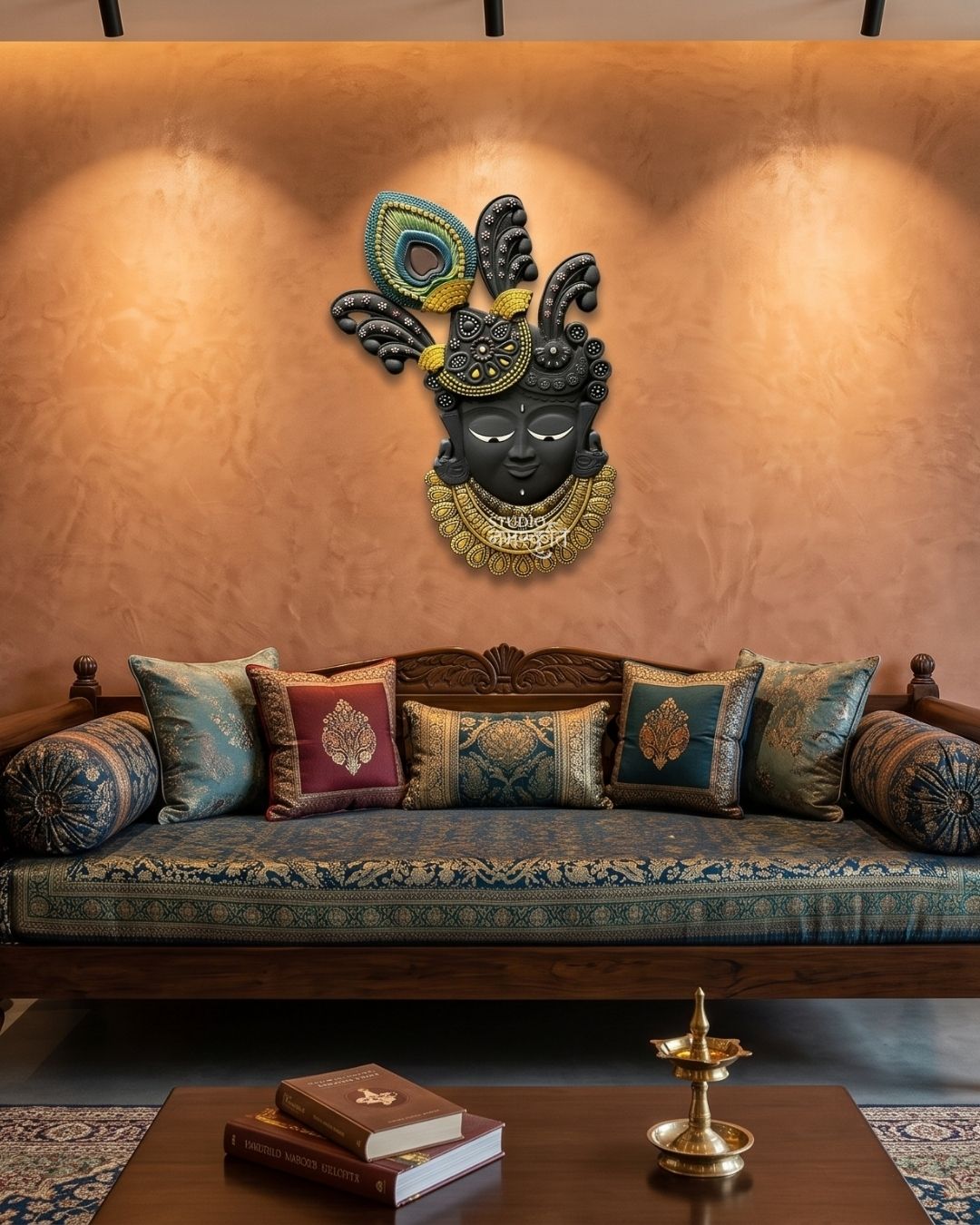 Shyam Krishna 3D Wall Art | Black & Gold Cutout Face with Peacock Feather