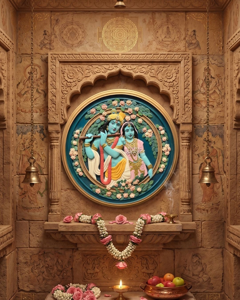 Radha Krishna Rose Garland Circular Mural