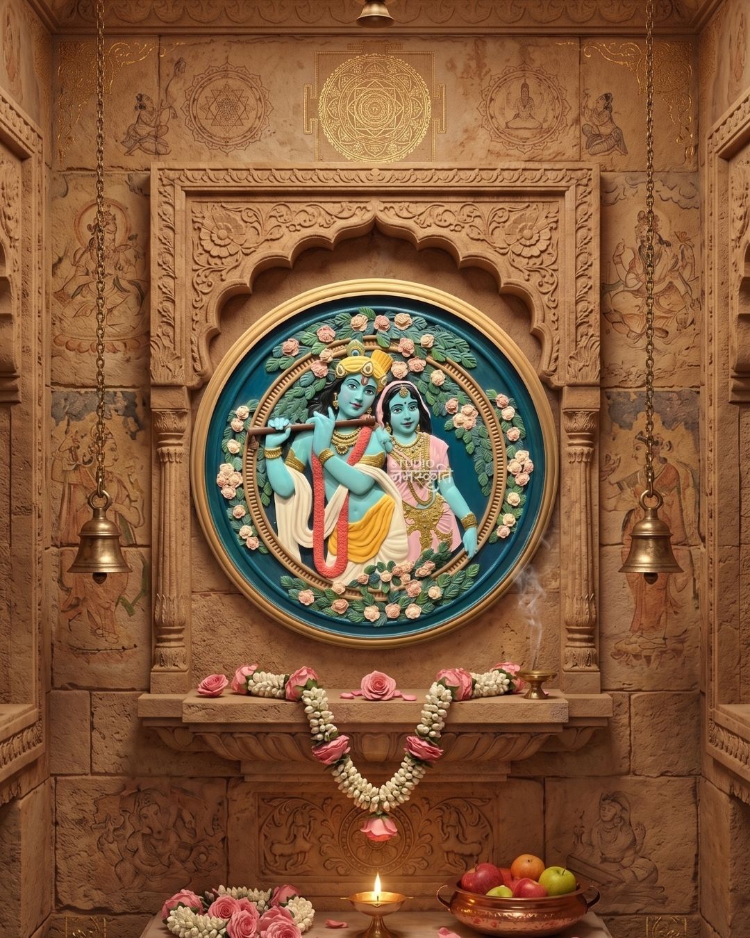 Radha Krishna Rose Garland Circular Mural
